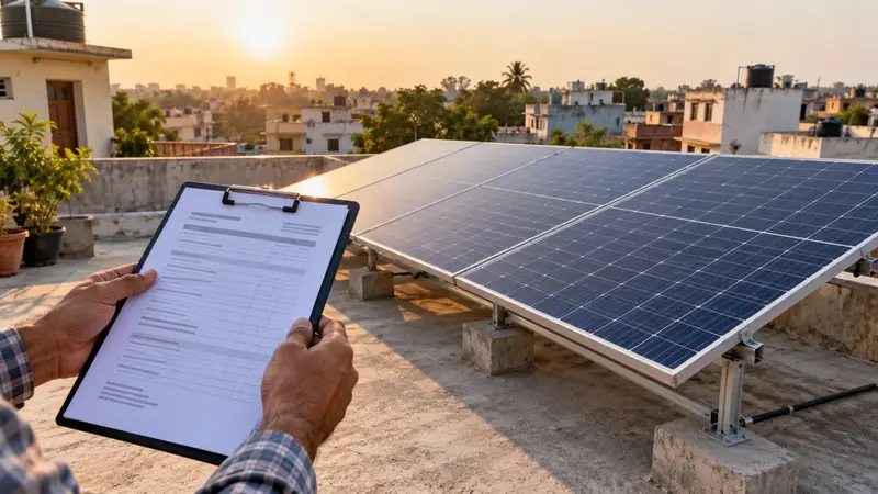 घर की छत पर solar panels और हाथ में खर्च की पर्ची का बनाया गया चित्र