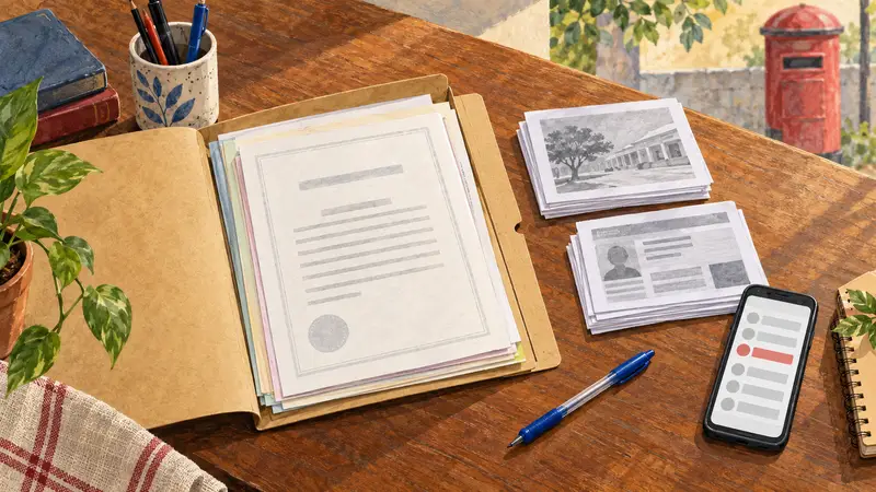 मेज़ पर डॉक्यूमेंट की फाइल, फ़ोटोकॉपी के दो सेट और मोबाइल का illustration।
