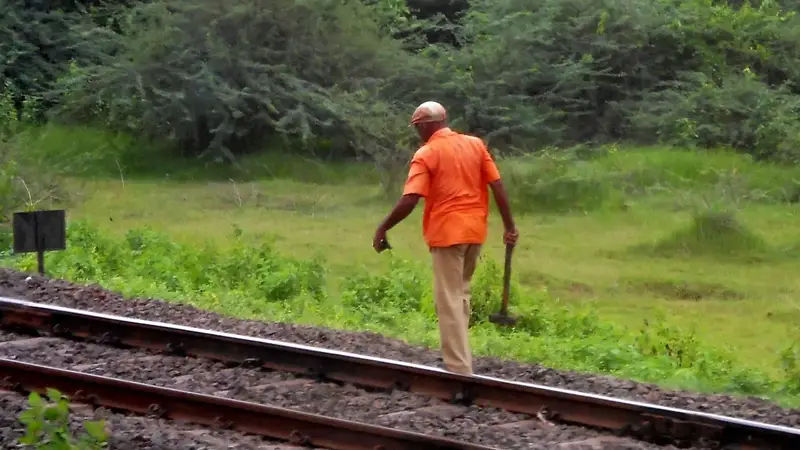 रेल की पटरी के किनारे हाथ में हथौड़ा लिए चलता नारंगी कमीज़ पहने एक रेल कर्मचारी, पीछे हरी झाड़ियाँ