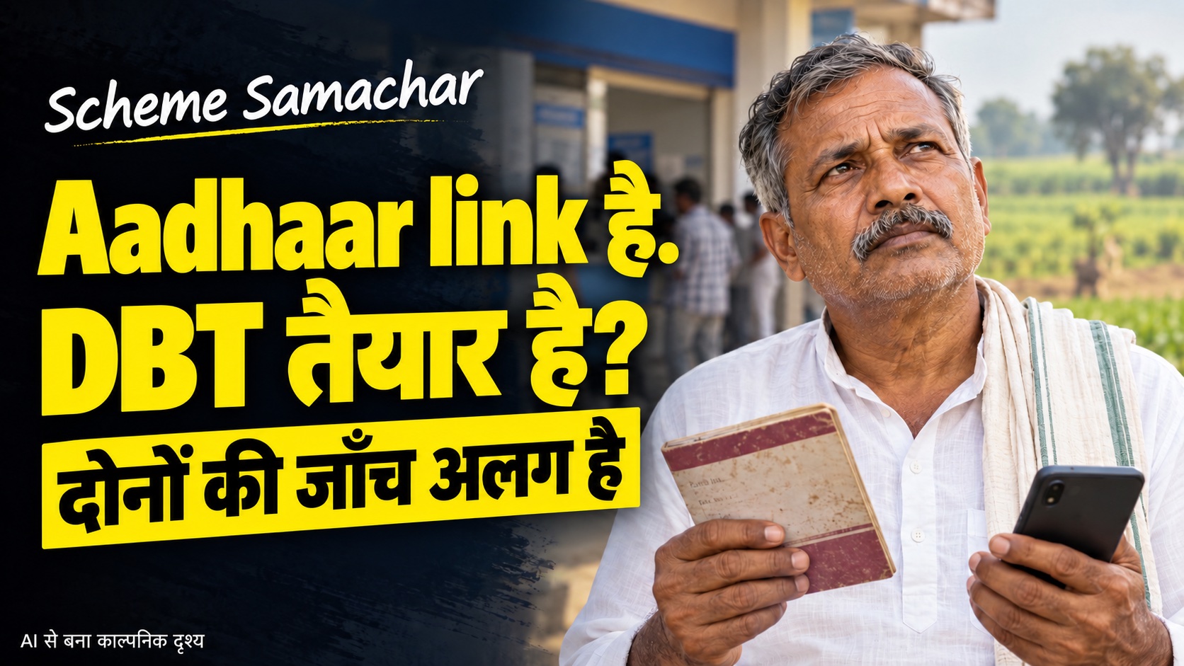 AI से बना काल्पनिक किसान passbook और phone लिए है। तस्वीर पर Aadhaar link और DBT की अलग जाँच समझाई गई है।